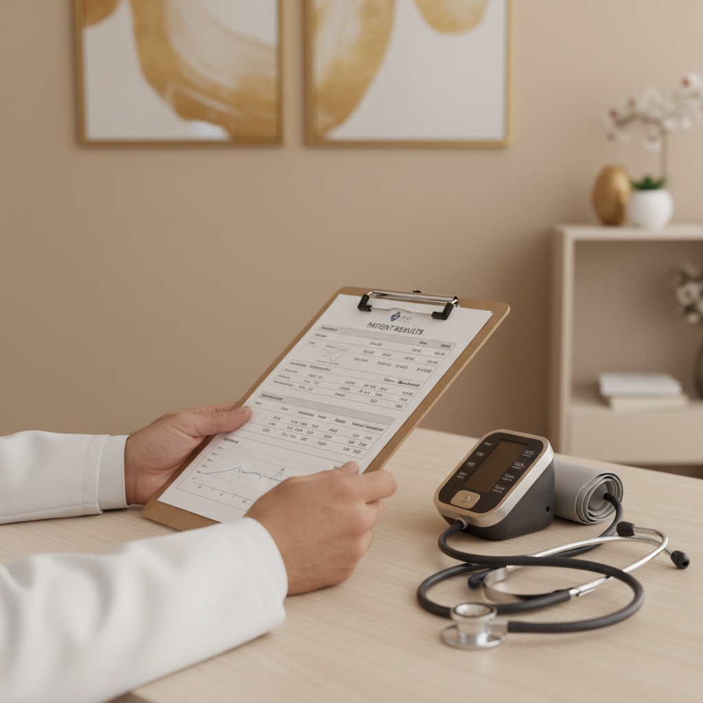 Health check-up form on a clipboard beside a blood pressure monitor