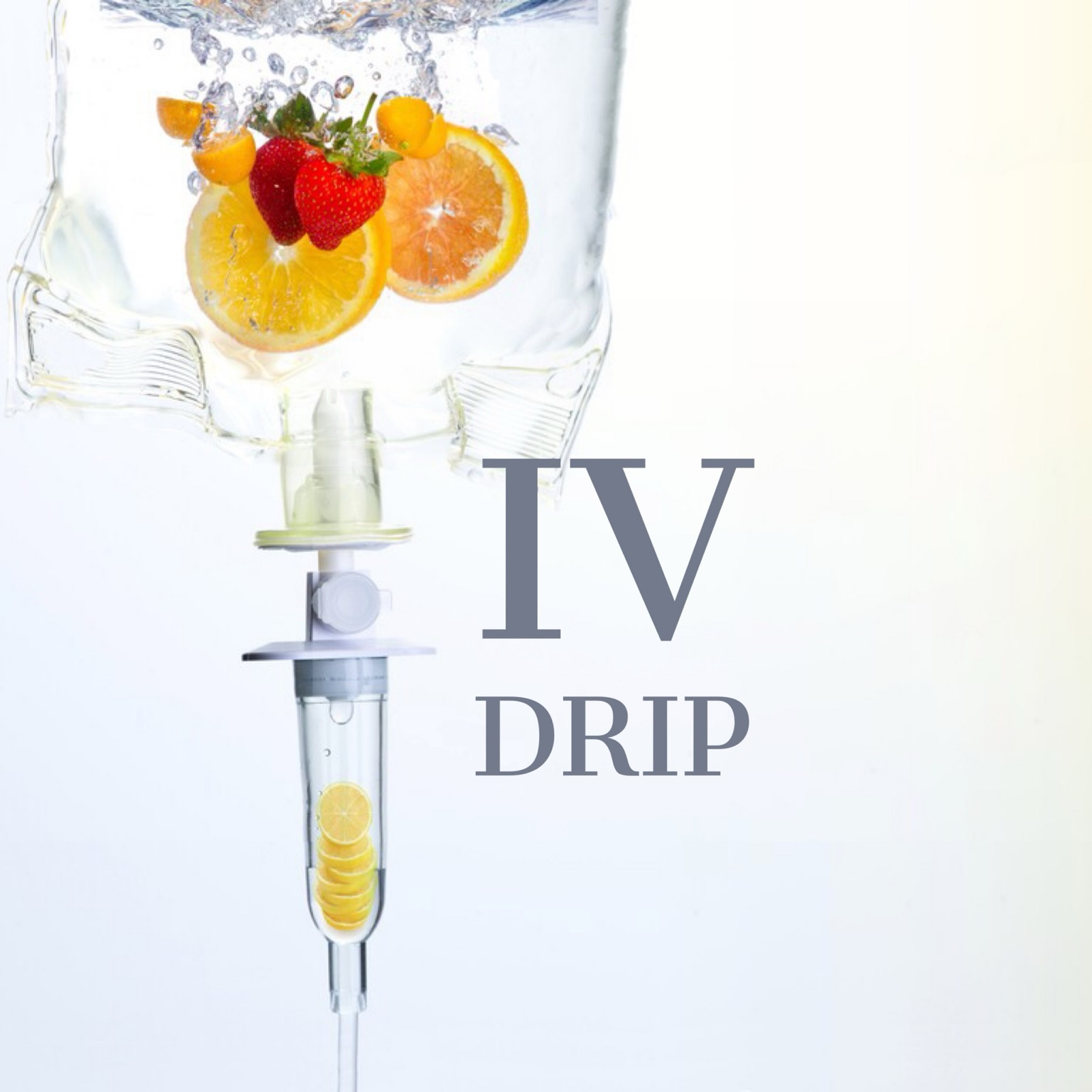 IV drip illustration with fruit representing vitamins