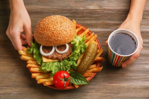 Burger, fries and a soft drink